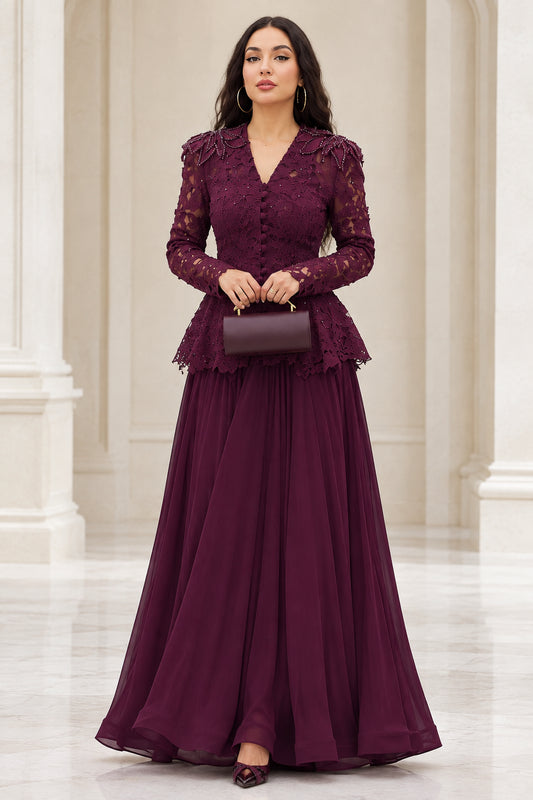 Front view of model wearing burgundy lace peplum formal maxi dress with clutch