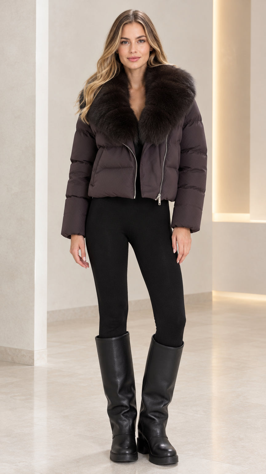 Front full view of woman wearing Espresso brown cropped faux fur collar puffer jacket with black leggings and knee-high boots