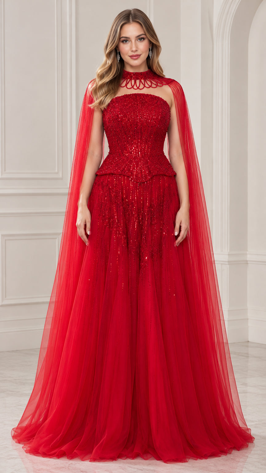 Front view of model wearing a red beaded evening gown with attached high-neck tulle cape