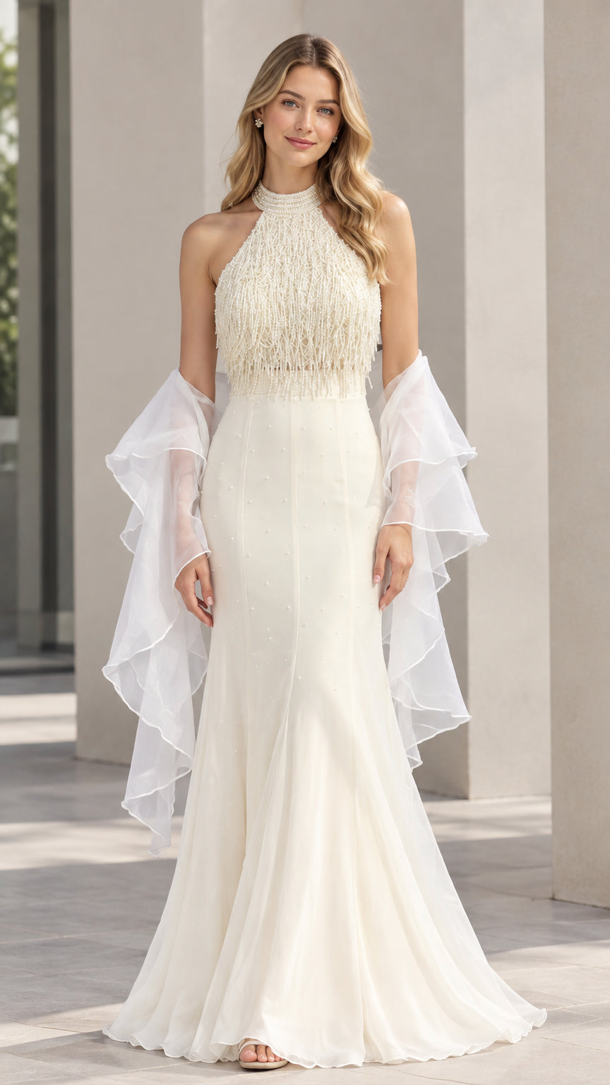 Ivory halter neck beaded fringe mermaid evening gown with sheer ruffle shawl front view