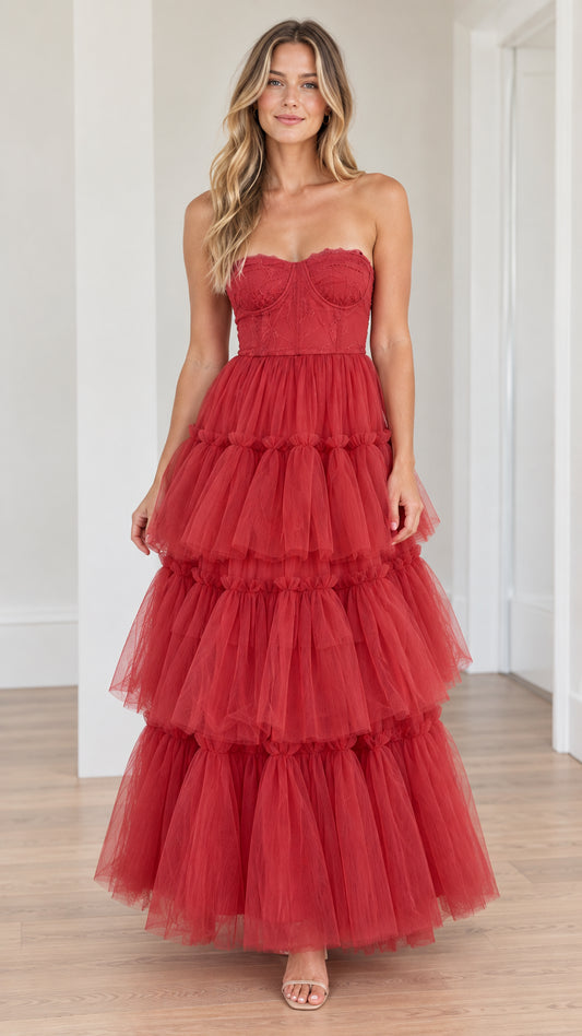 Strapless red lace corset tiered tulle maxi evening gown front view