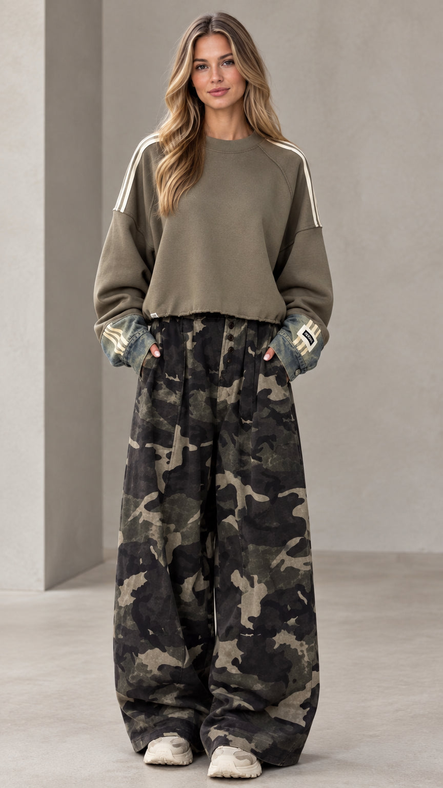 Front full-length view of woman wearing olive green cropped sweatshirt and camouflage wide-leg pants set