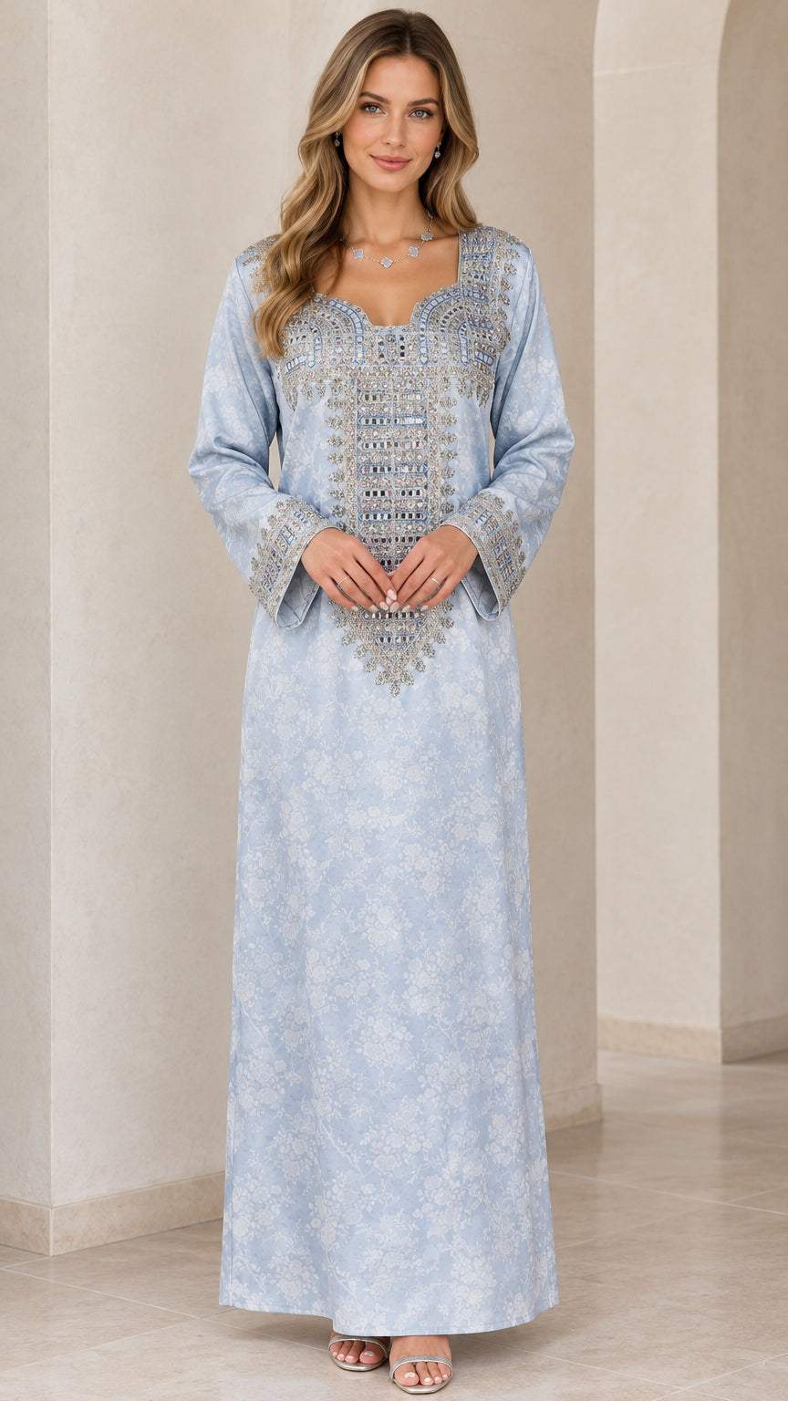 Light blue embroidered maxi kaftan dress front view