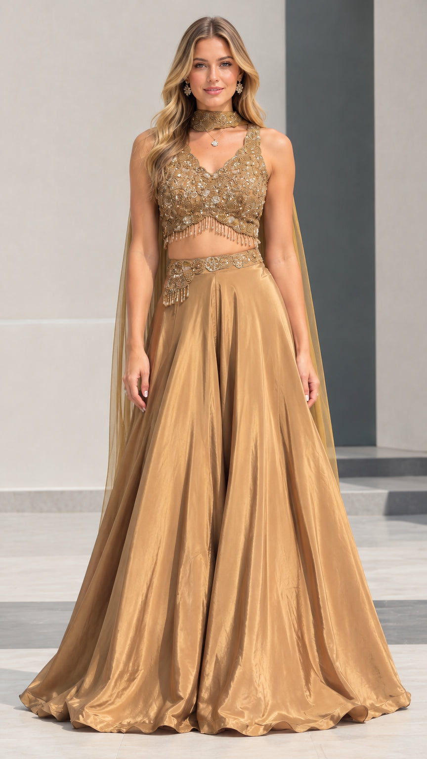 Gold embroidered crop top and pleated maxi skirt two-piece evening set with sheer cape front view