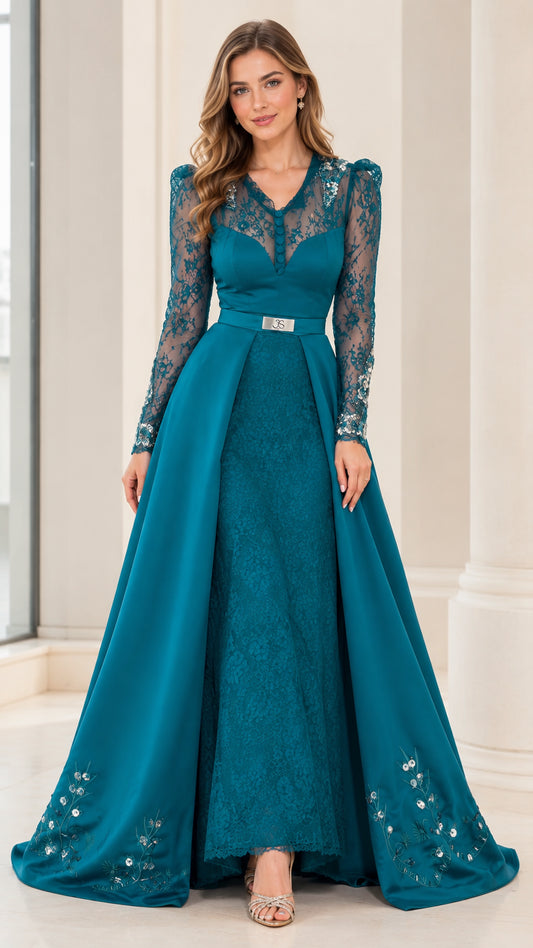 Front view of model wearing Teal long sleeve lace evening gown with satin overskirt