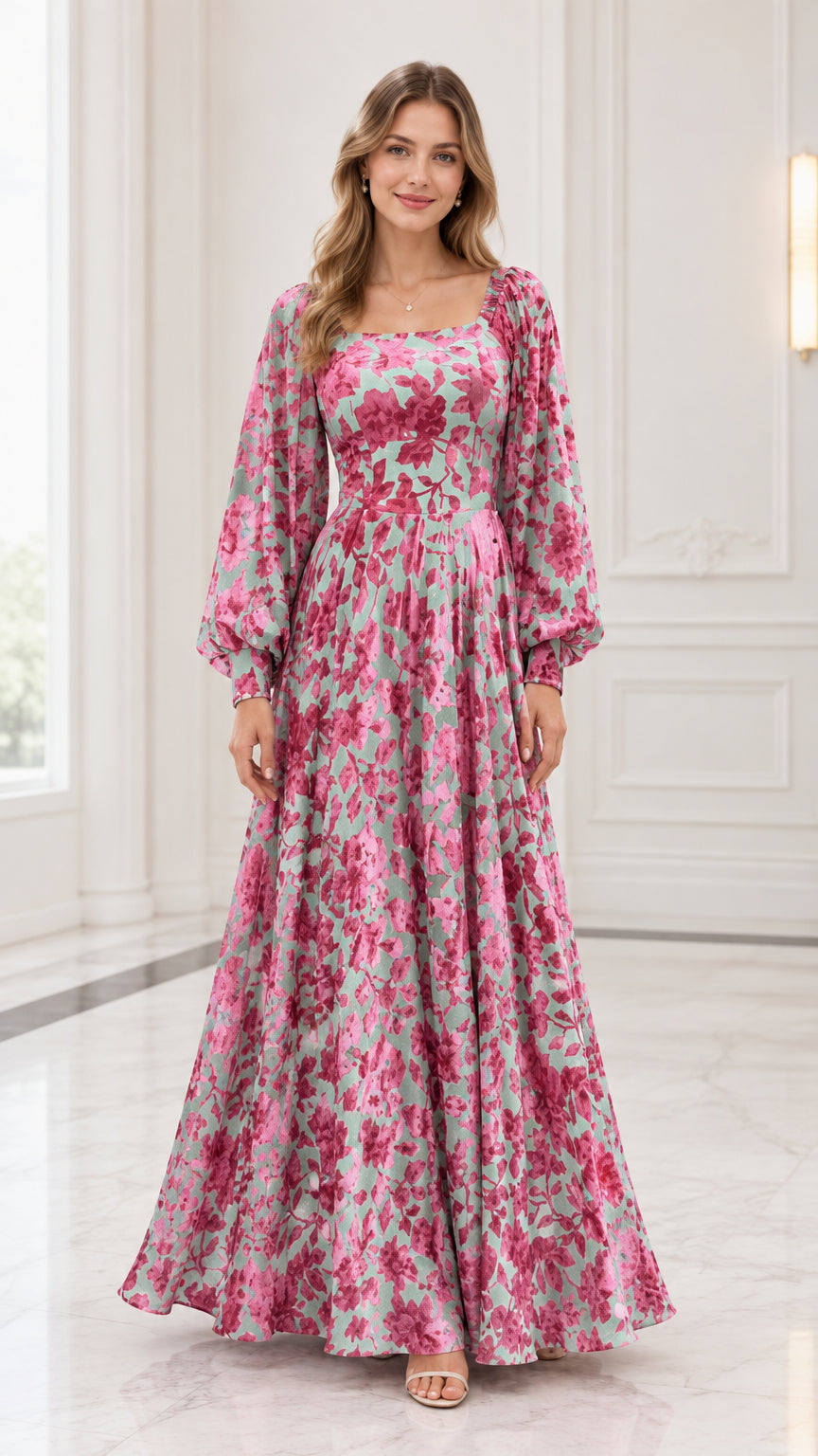Front full view of square neck floral maxi dress in sage pink with lantern sleeves