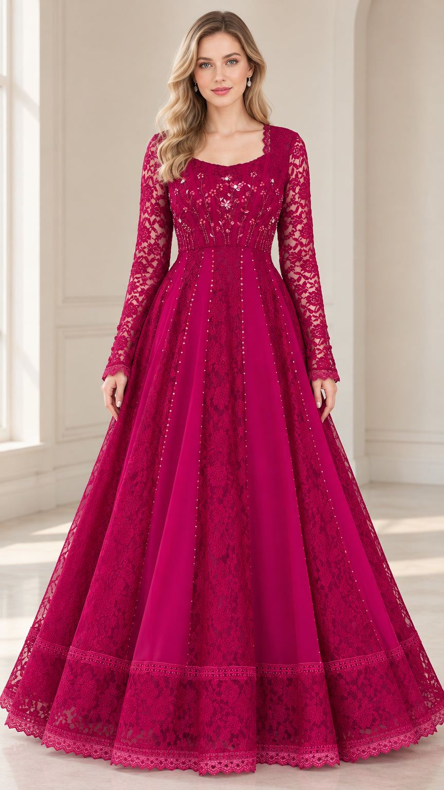 Magenta floral lace long sleeve evening gown front view