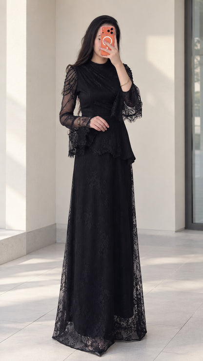 Black floral lace peplum maxi dress with beaded shoulder detail front view