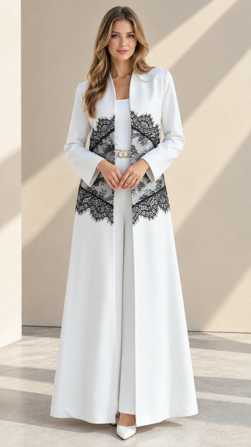Front full view of white longline duster jacket and wide-leg pant set with black waist lace