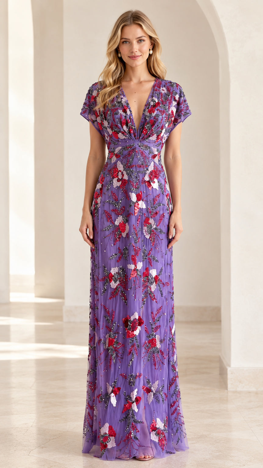 Front full-length view of model wearing purple floral beaded V-neck evening gown