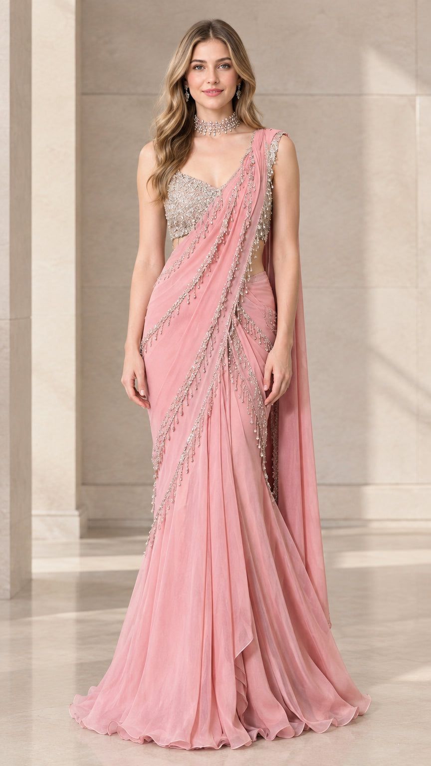 Front full-length view of model wearing Blush Pink pre-draped saree gown with sequin blouse