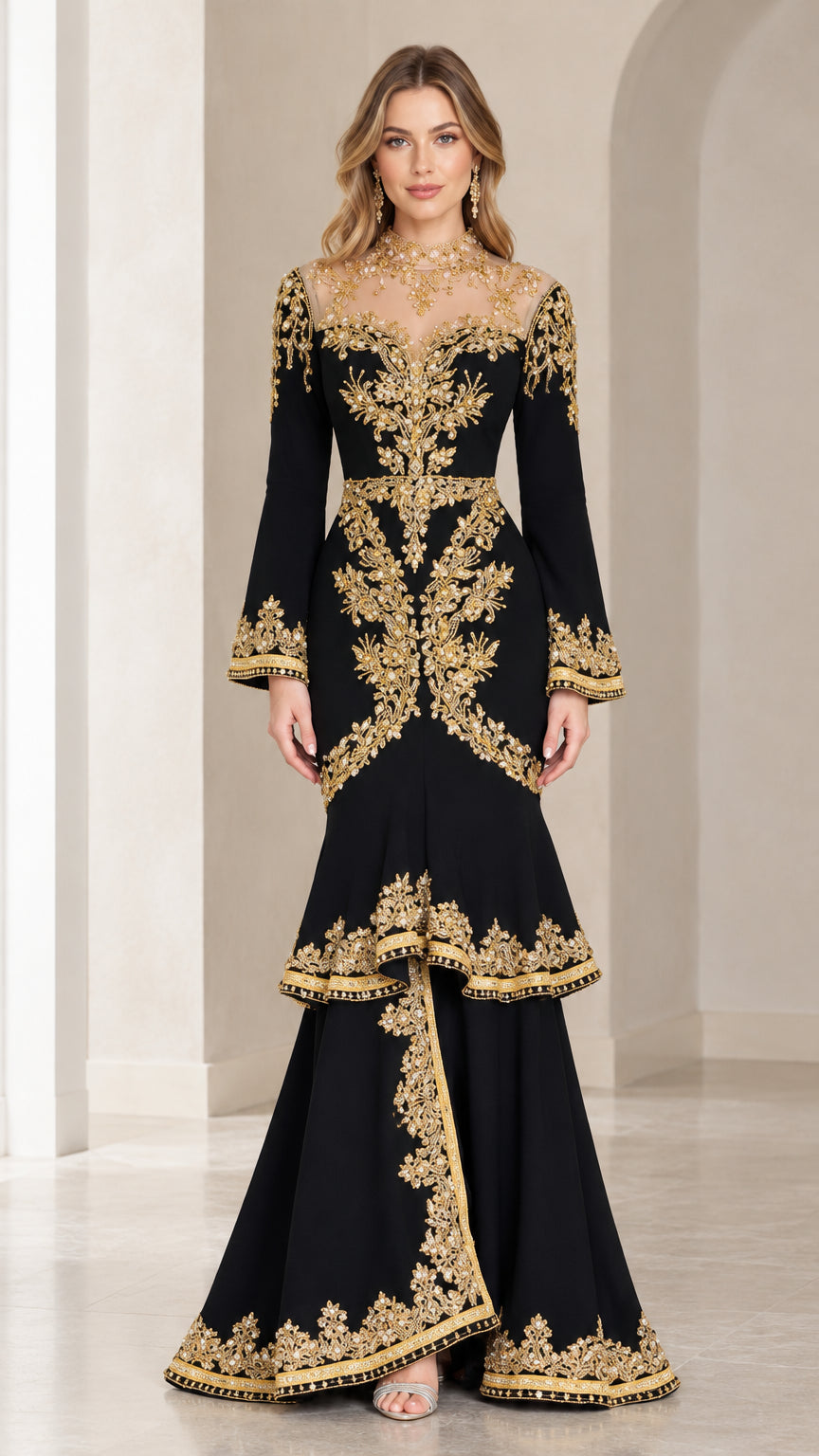 Full-length front view of black evening gown with gold embroidery and tiered mermaid skirt