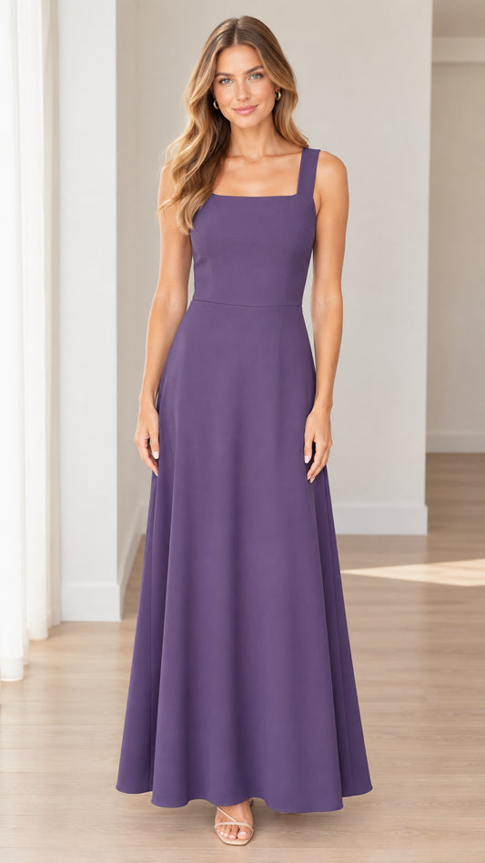 Front full-length view of model wearing purple square neck sleeveless maxi dress