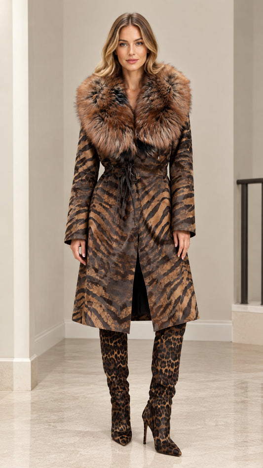 Front full-length view of model wearing Cognac Brown animal print long coat with faux fur collar