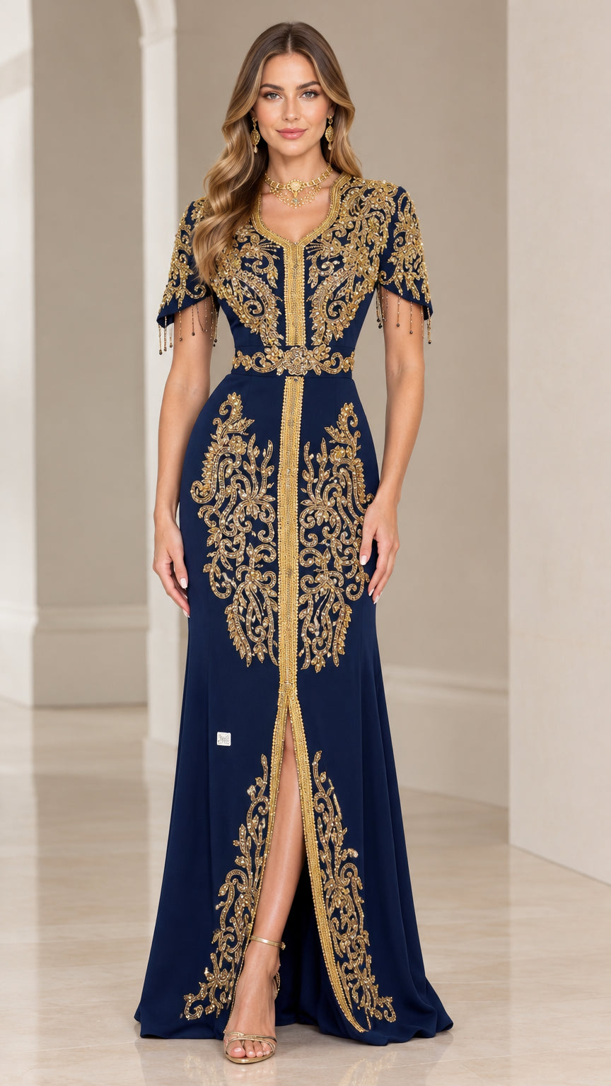 Front full-length view of navy blue caftan evening dress with gold embroidery and front slit