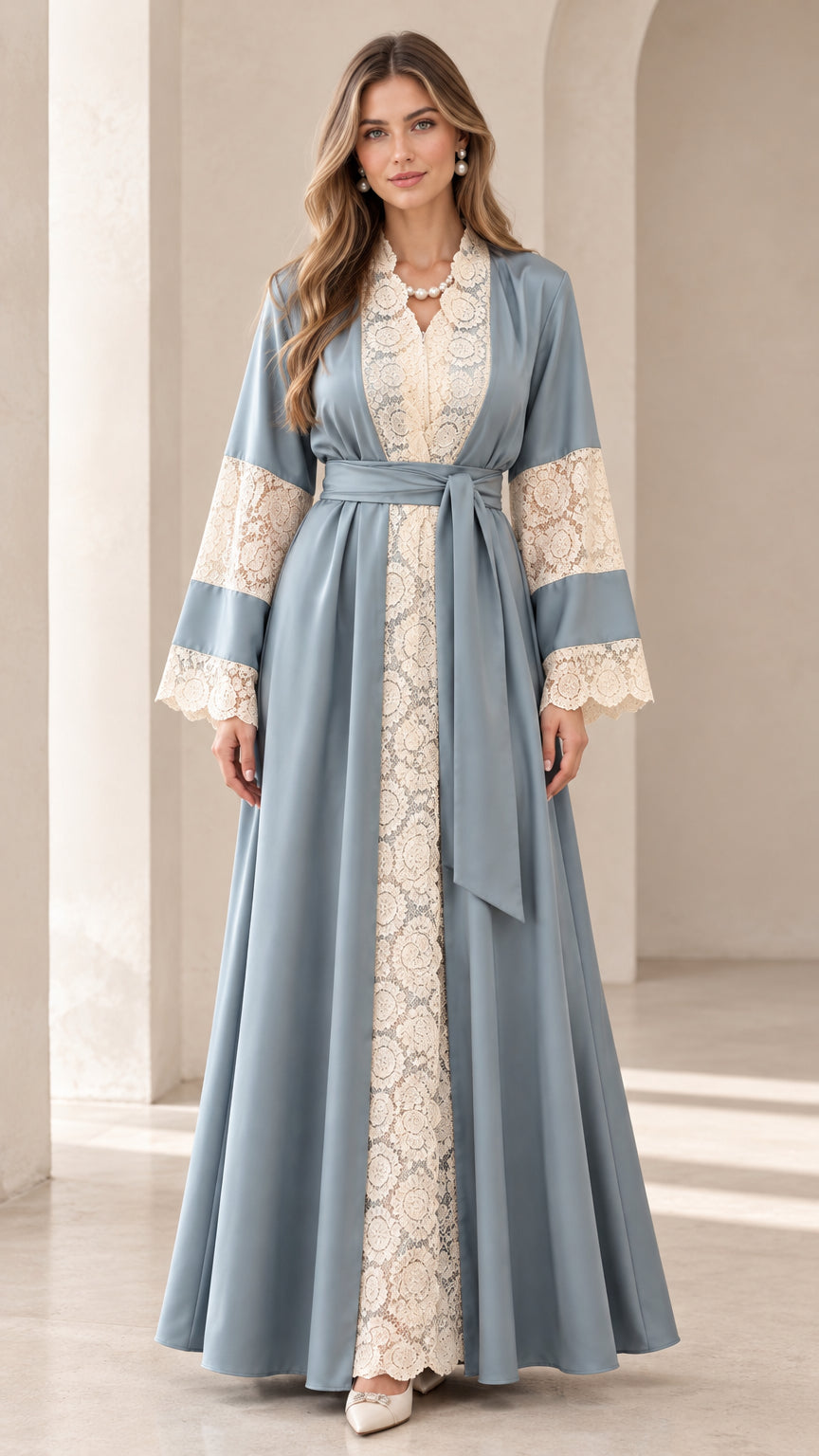 Front full view of woman wearing Dusty Blue lace panel maxi abaya dress with tie belt