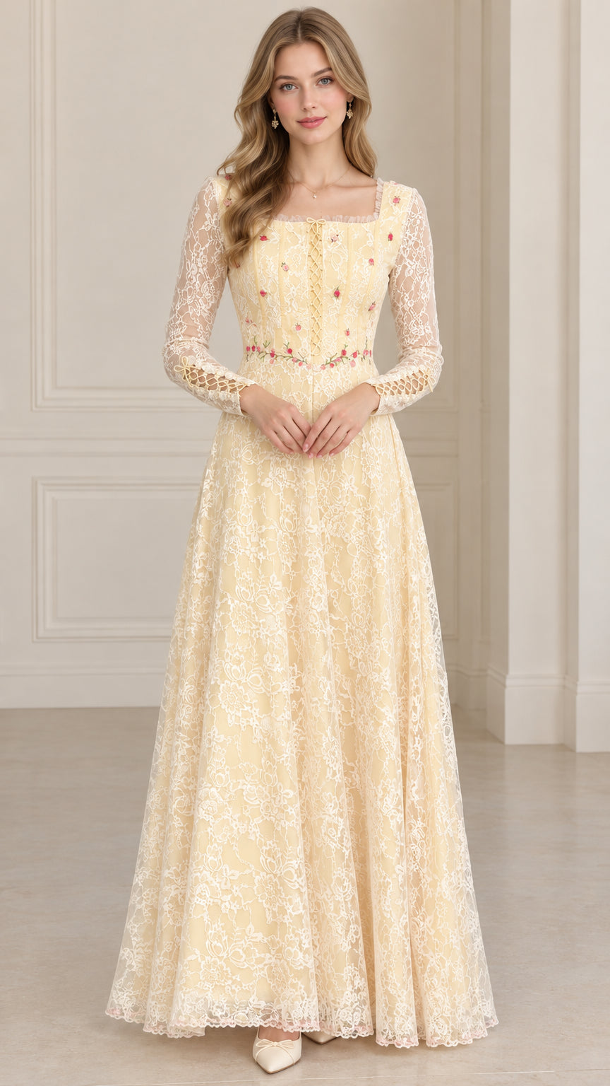 Front full-length view of model wearing butter yellow floral embroidered lace maxi dress