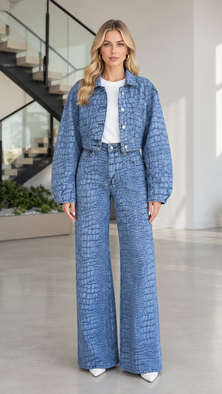 Full front view of model wearing Denim Blue croc-embossed cropped jacket and wide-leg denim pants set