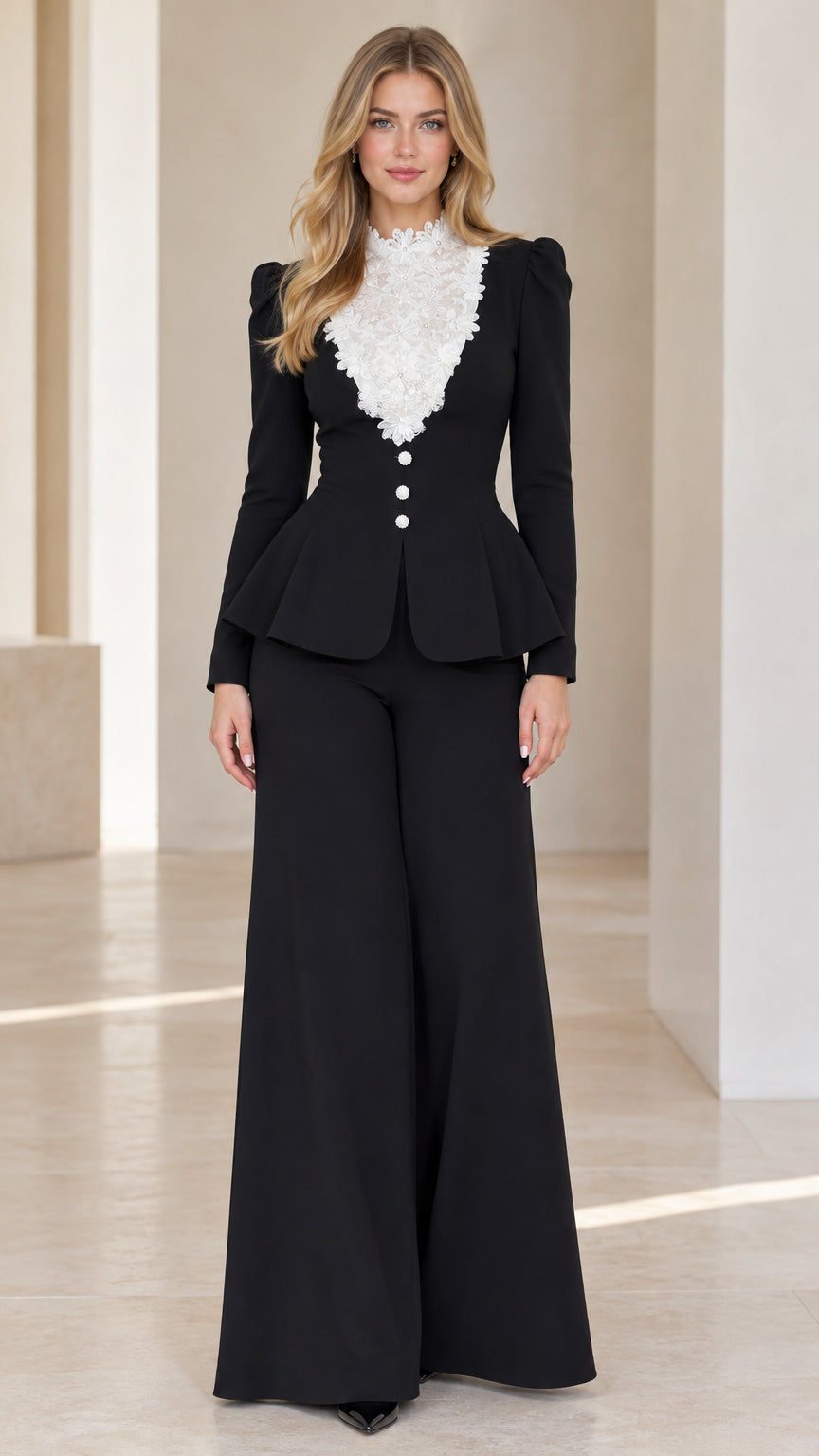 Front view of black two-piece suit set with lace bib peplum jacket and wide-leg pants