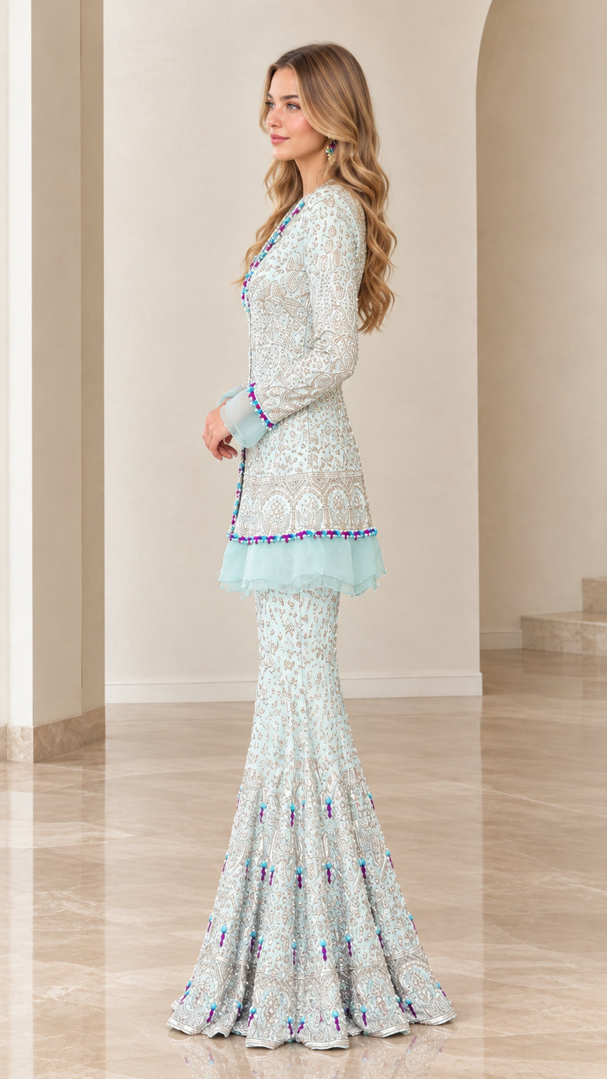 Side profile view of model wearing Ice Blue embroidered tunic and flared pants