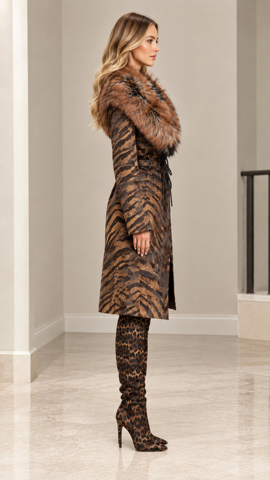 Side profile view of model in brown animal print long coat and heeled boots