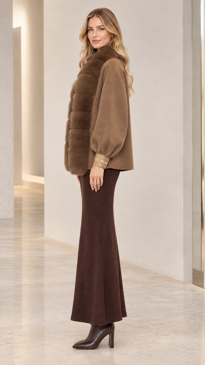 Side view of camel faux fur trimmed lantern sleeve jacket