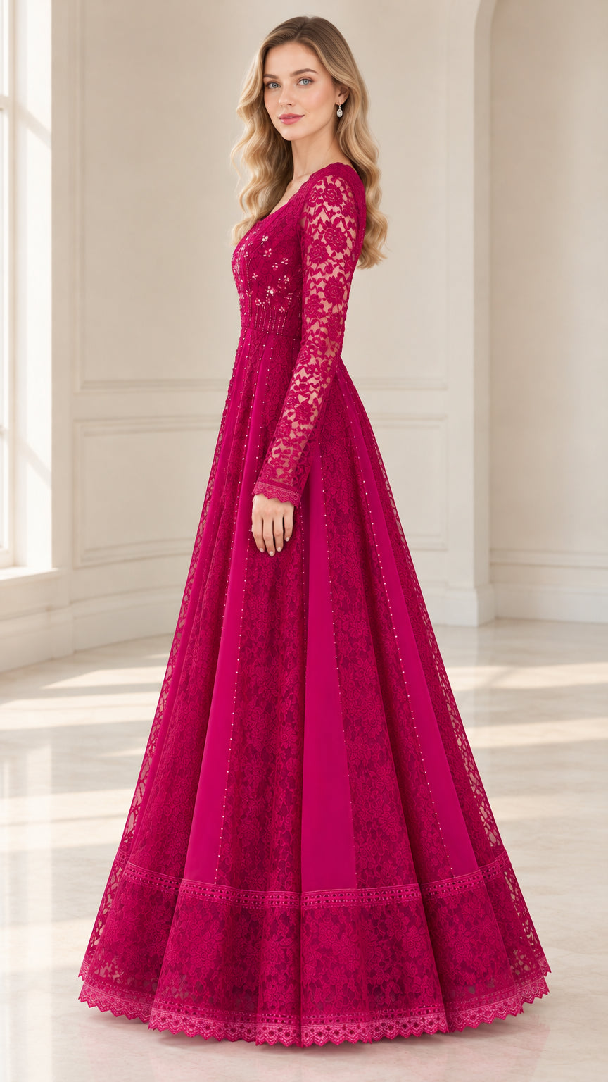 Side profile of magenta lace maxi formal gown