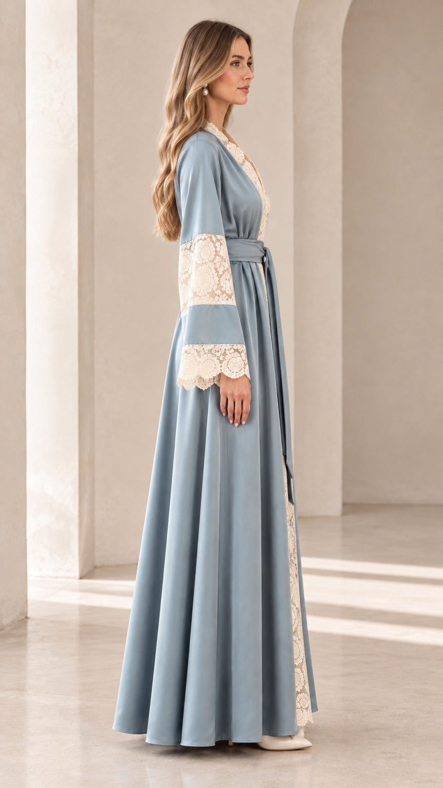 Side profile view of Dusty Blue lace trim long sleeve abaya dress