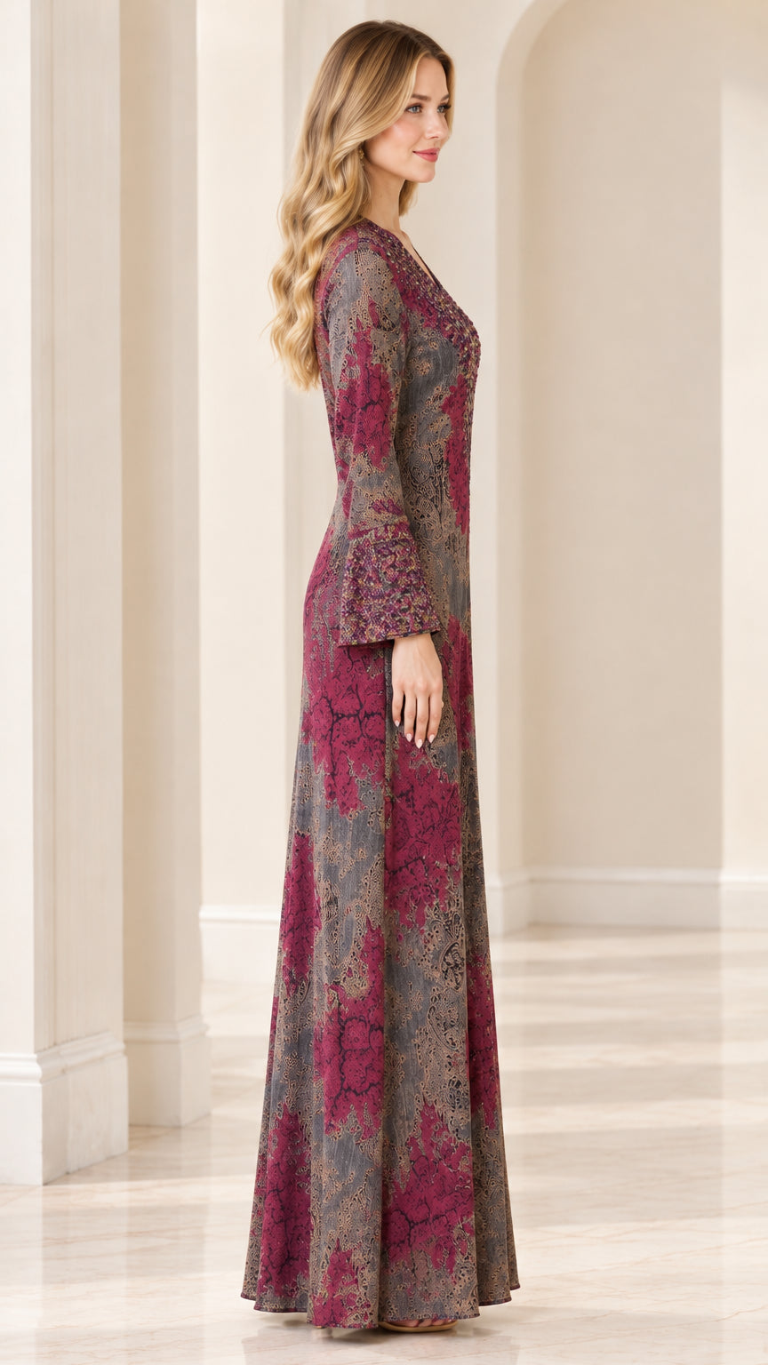 Side profile view of woman modeling deep burgundy printed maxi dress