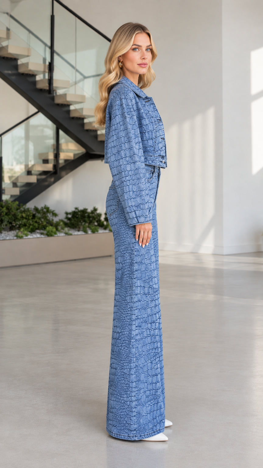 Side profile view of Denim Blue textured croc denim matching two-piece set