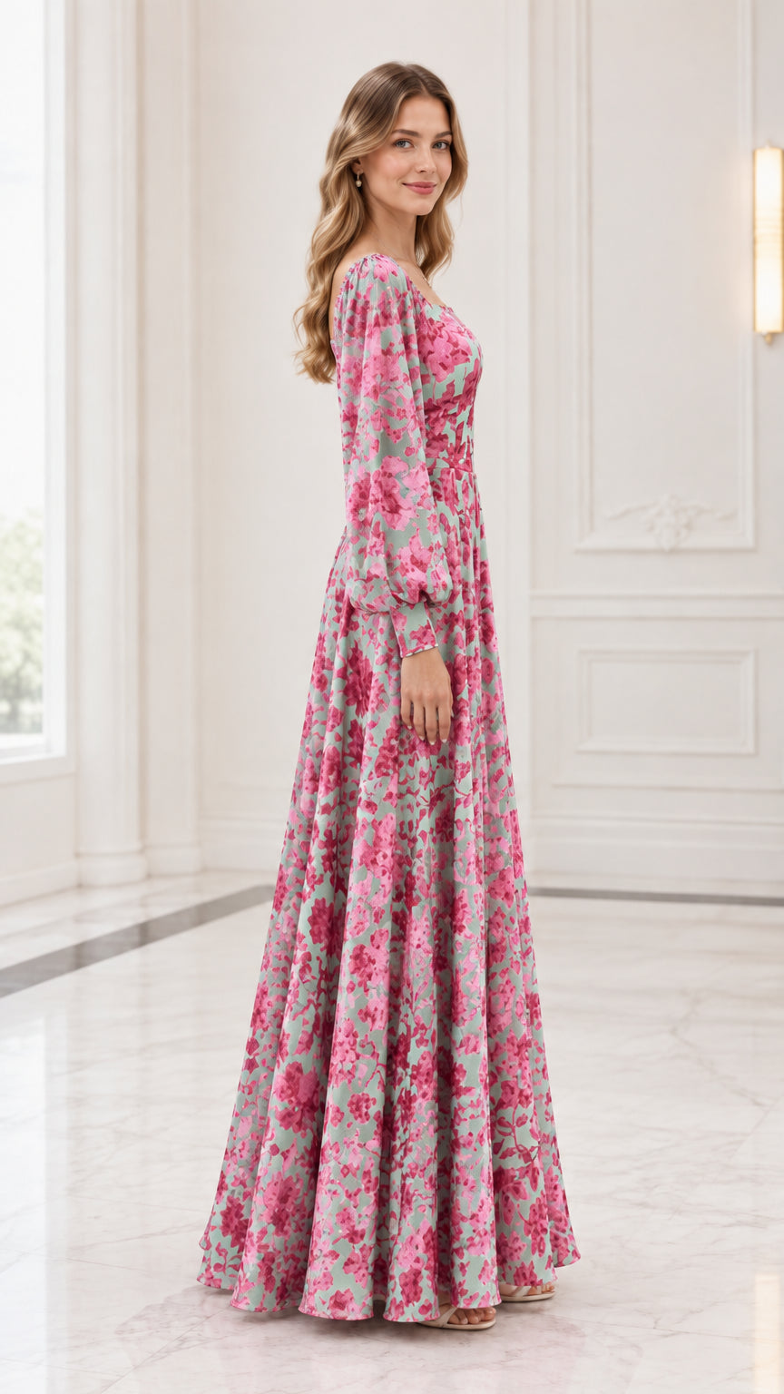 Side profile of flowing floral A-line maxi dress in sage pink