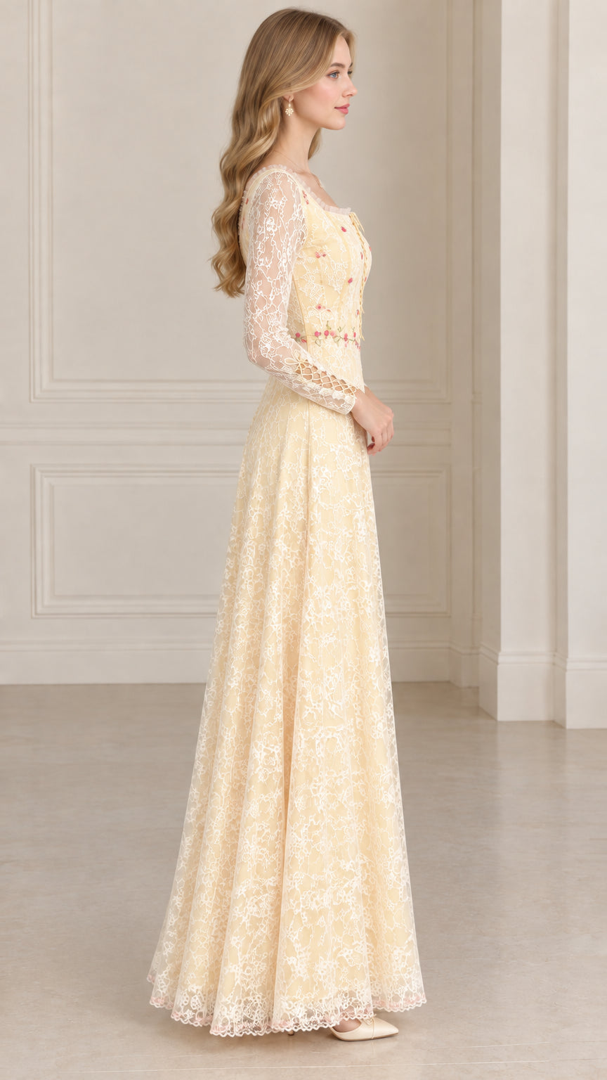 Side profile view of butter yellow lace maxi dress showing elegant silhouette