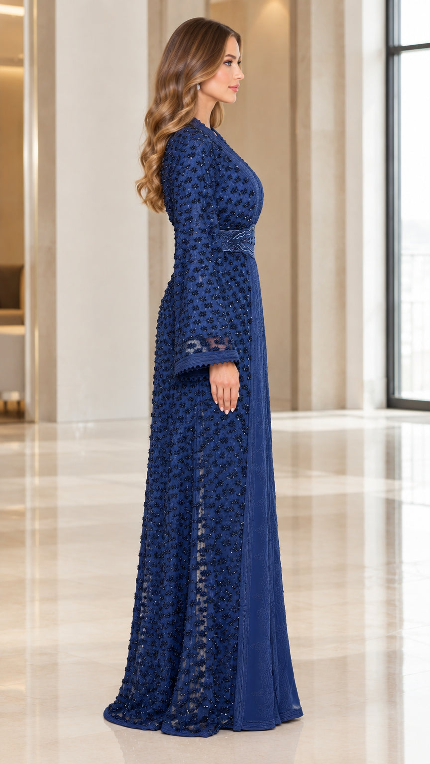 Side profile of royal blue modest formal evening gown