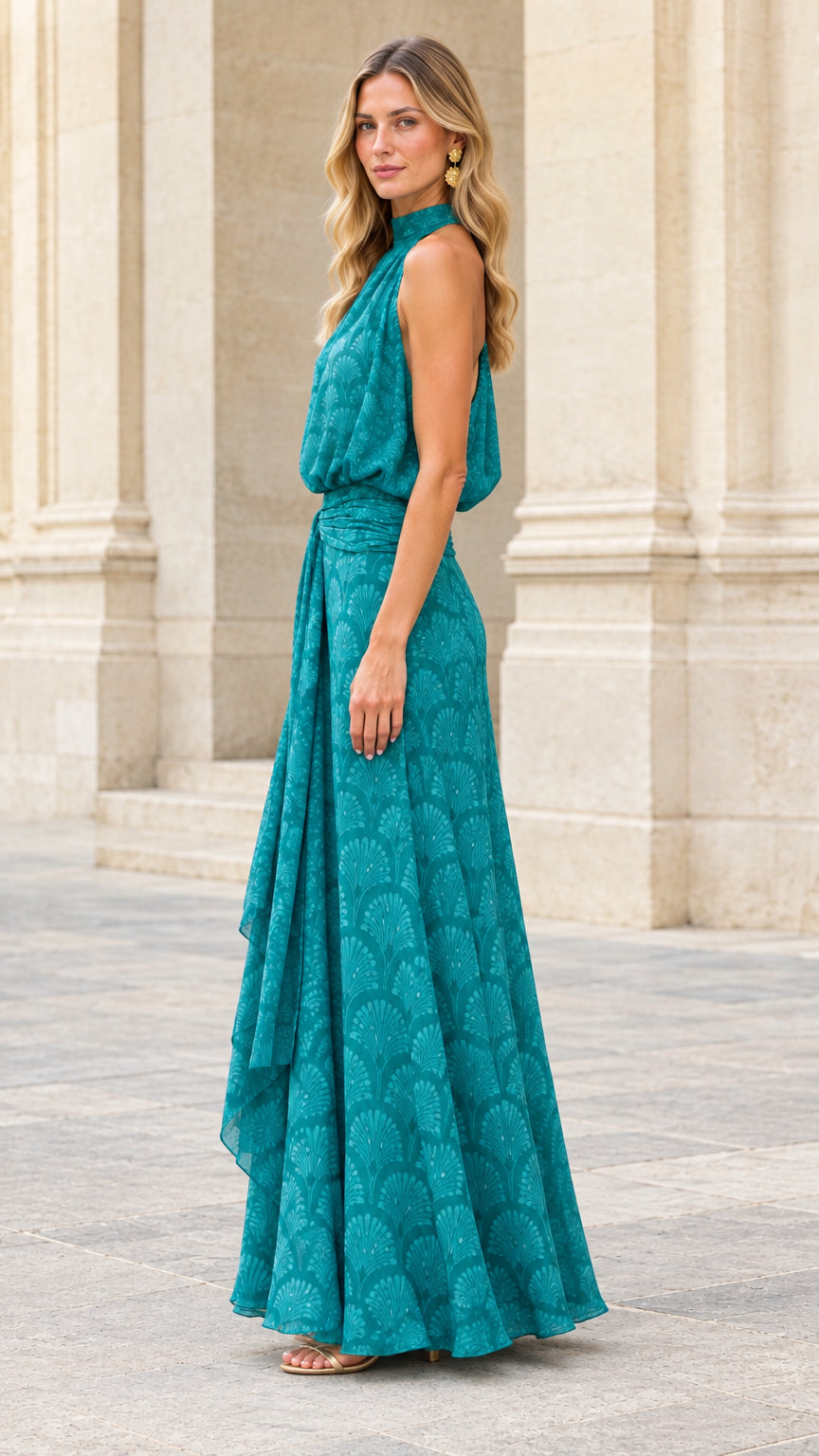 Side profile view of teal halter neck maxi dress showing relaxed blouson bodice