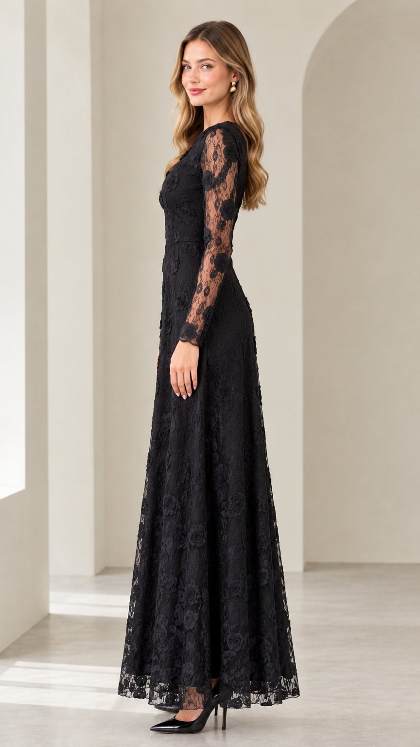 Side angle of woman wearing full length black lace gown with long sleeves