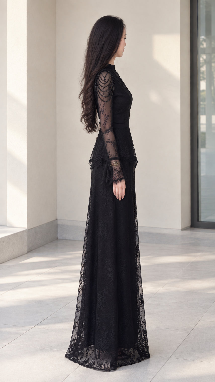 Black long sleeve lace evening gown side profile view