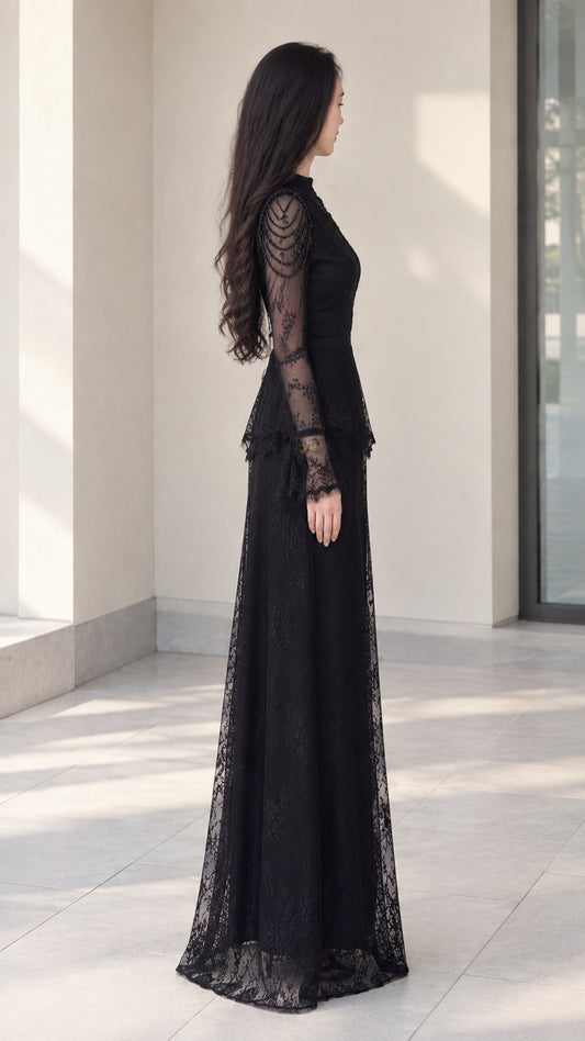 Black long sleeve lace evening gown side profile view