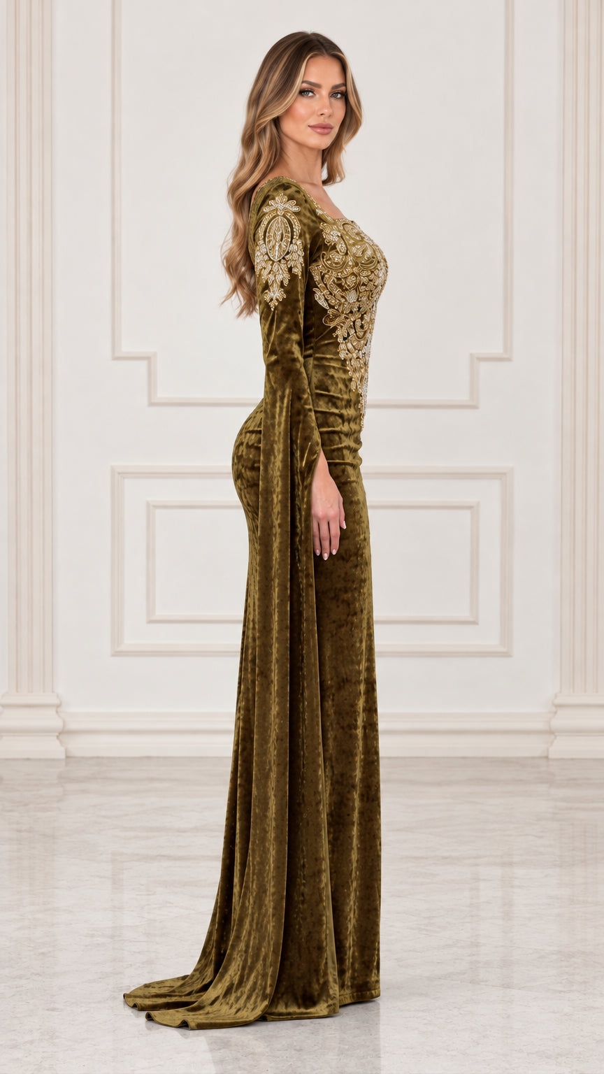 Side profile view of olive green velvet evening gown showing dramatic sleeve length and silhouette