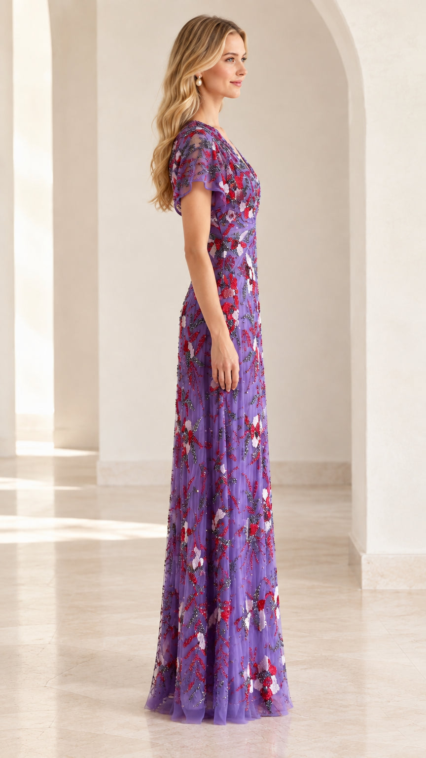 Side profile view of purple sequined floral maxi dress with short flutter sleeves