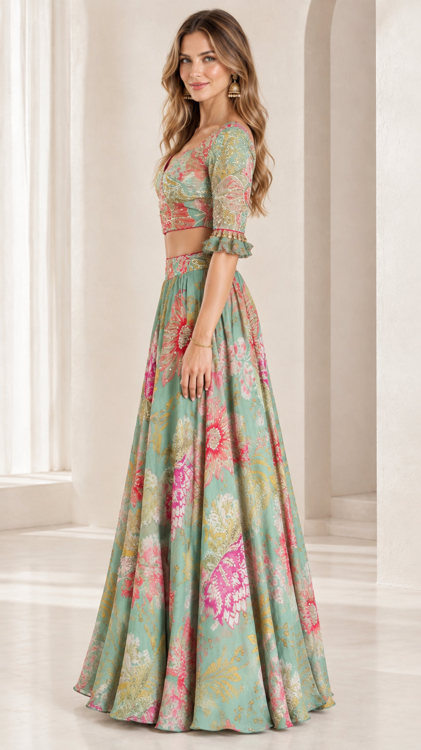 Side profile view of sage green floral two-piece lehenga skirt set