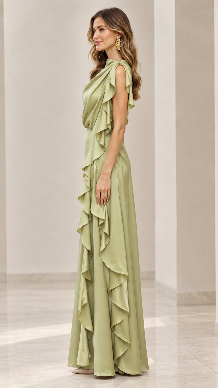 Side profile view of the sage green sleeveless satin formal dress showing side ruffle detailing