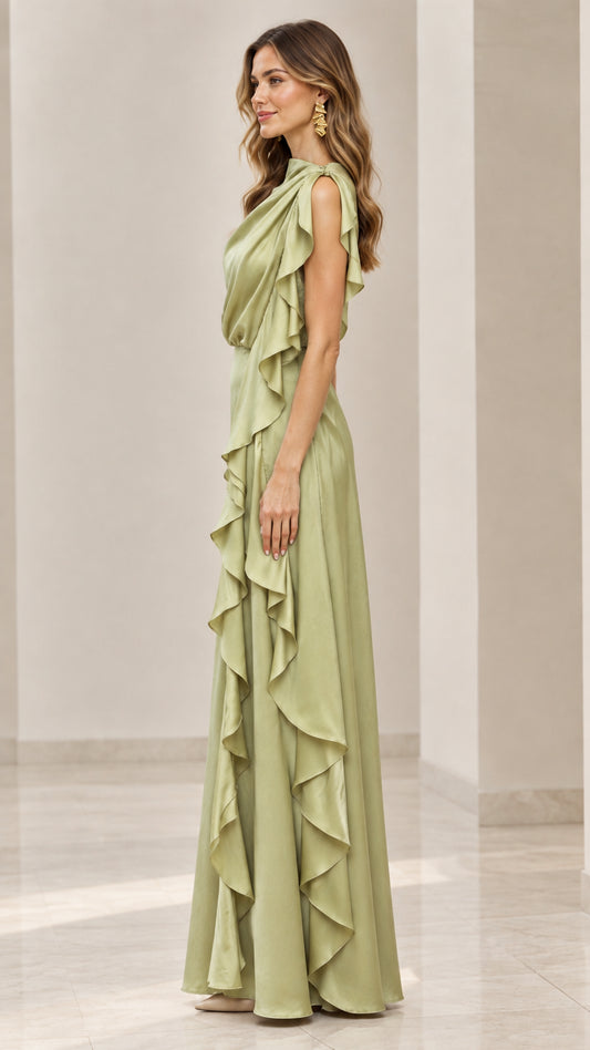 Side profile view of the sage green sleeveless satin formal dress showing side ruffle detailing