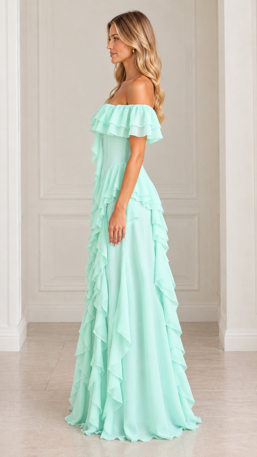Side profile view of mint green off-the-shoulder ruffle evening dress