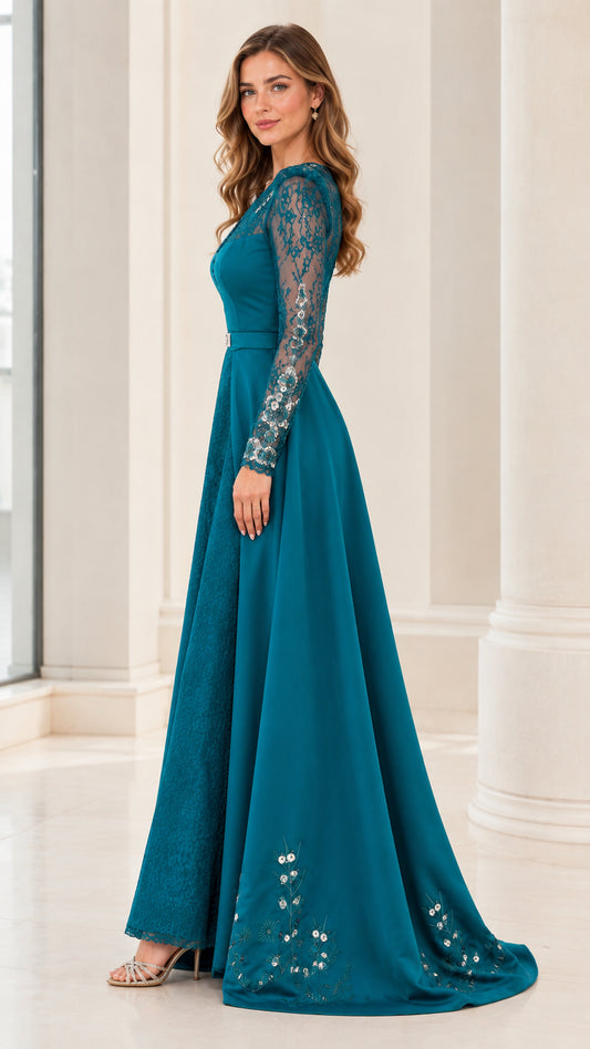 Side profile view of Teal long sleeve formal gown with embellished hem