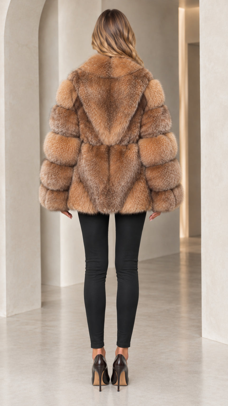 Back view of Camel paneled faux fur coat showing chevron texture