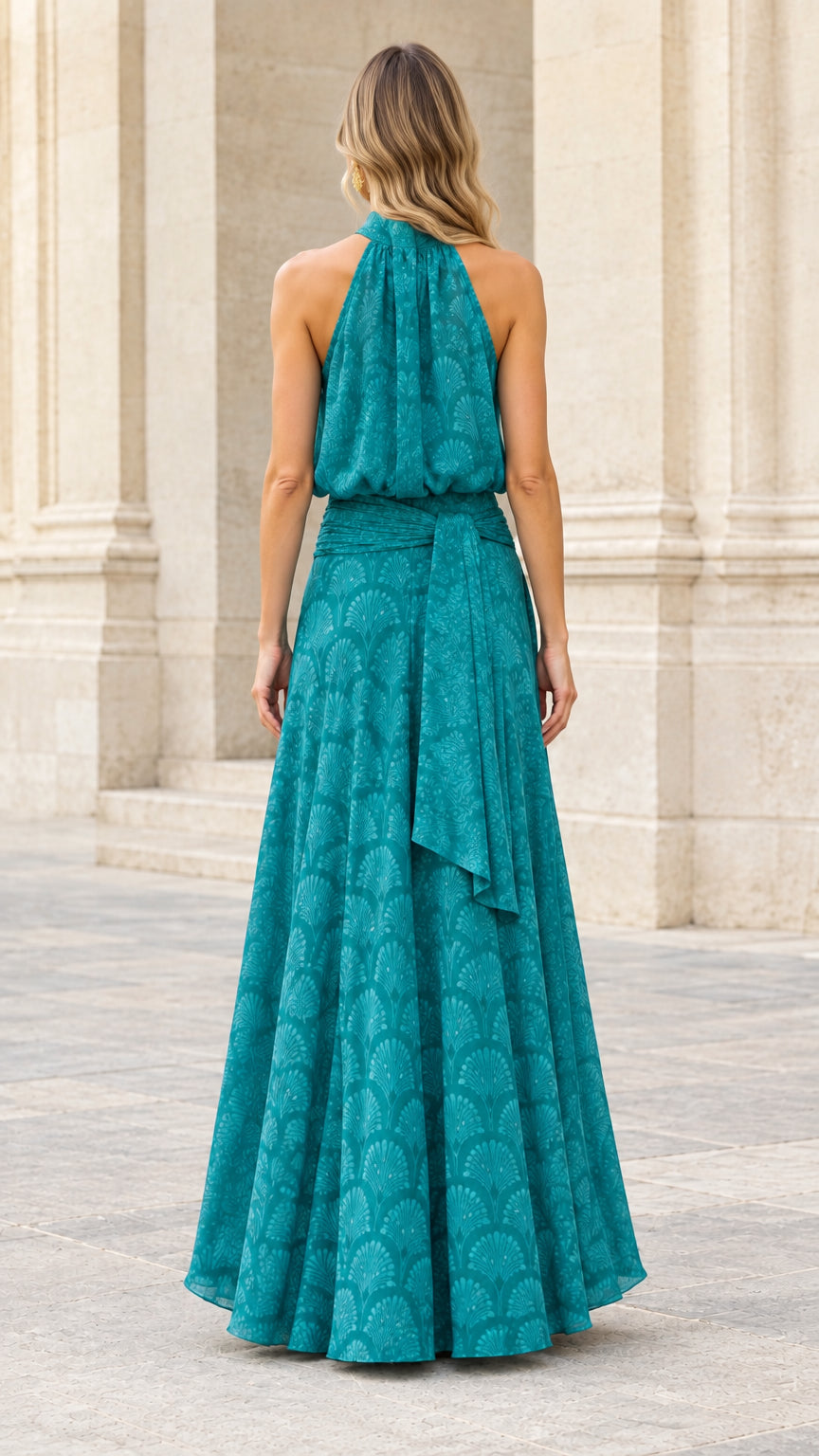 Back view of model in teal halter neck evening maxi dress with flowing skirt