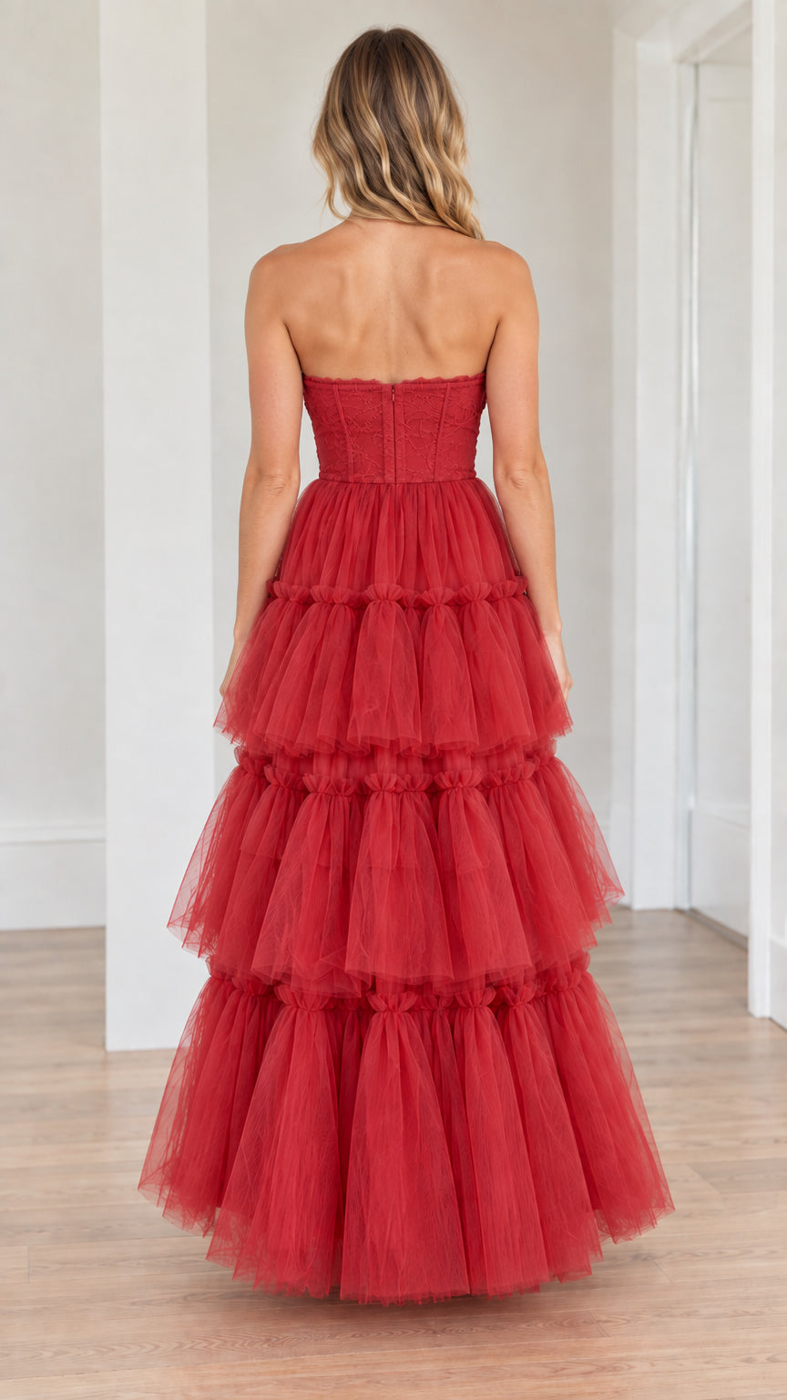 Back view of red lace corset tiered tulle maxi dress
