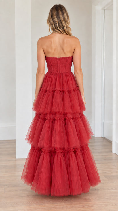 Back view of red lace corset tiered tulle maxi dress