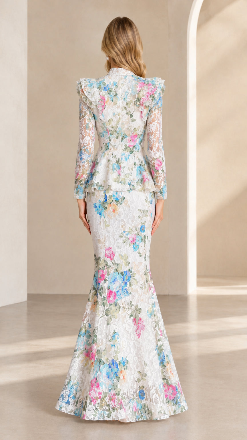 Back view of white floral lace evening skirt set with bow collar