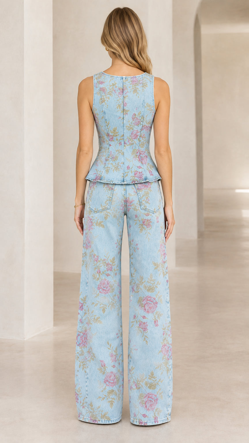 Light Blue floral denim peplum top and wide leg trousers back view
